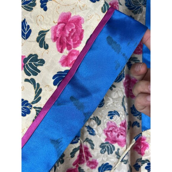 Floral Satin Sleep Robe Women Size M Blue Pink Tie Front Loungewear - Picture 11 of 16